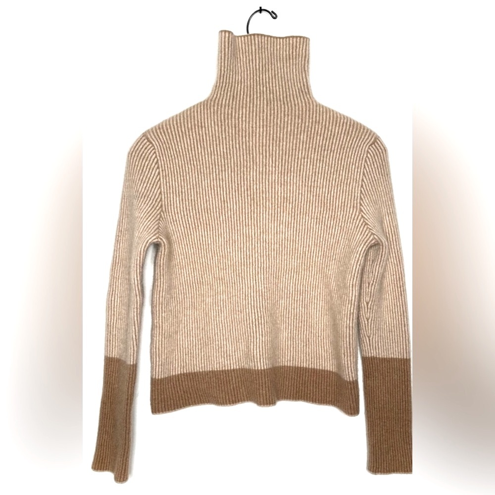 La Ligne | Tan Color Block Ribbed Turtleneck Cashmere Sweater Size Small